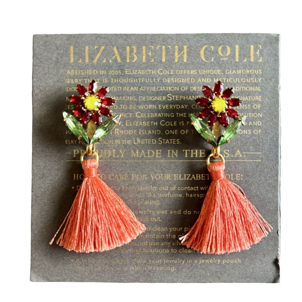 Elizabeth Cole Tianna Swarovski Crystals Floral Orange Tassel Boho Earrings New - Picture 2 of 3